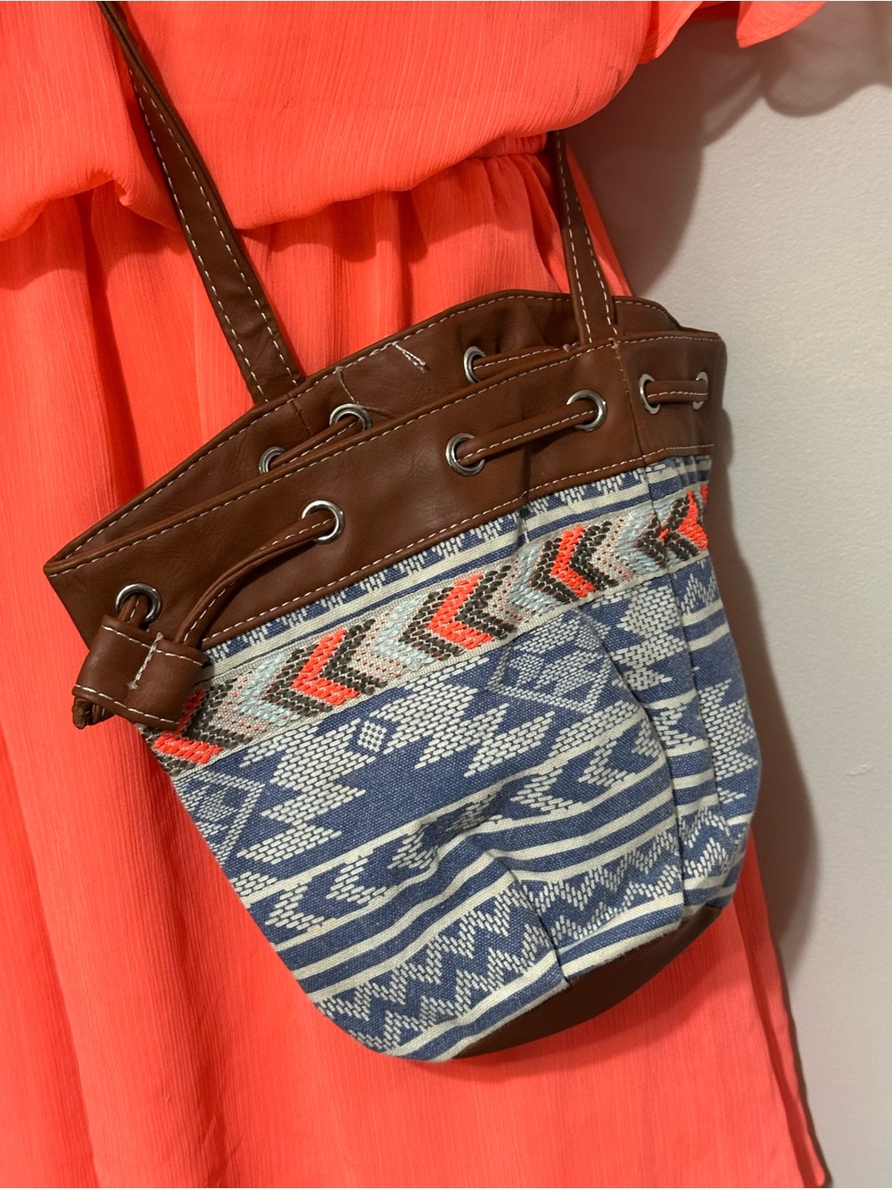 Boho Tribal Print Crossbody Bag Brown Faux Leather Drawstring Purse